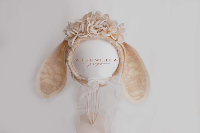 beige lace bunny hat floral headpiece sitter bunny bonnet UK seller Vintage bunny flower bonnet Sitter Photo Prop