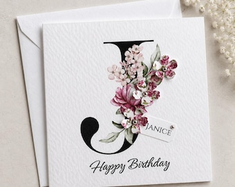 Personalised Floral Initial Birthday Card:  Custom Name Tag