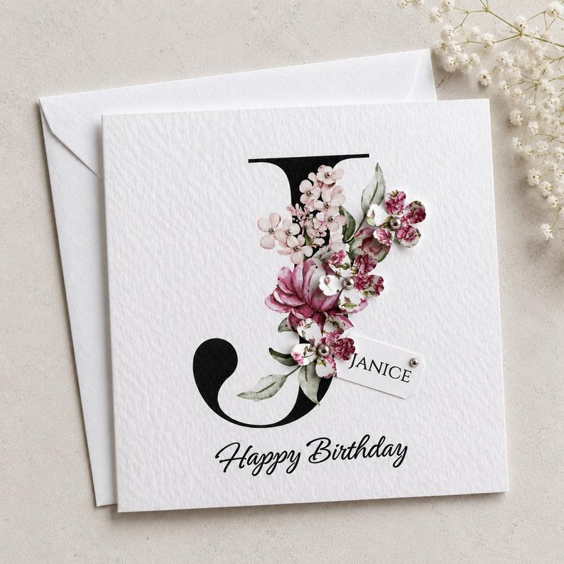 Puede incluir: Tarjeta de felicitaci&oacute;n blanca con la letra "J" negra adornada con flores rosas y blancas. La tarjeta incluye el texto "Happy Birthday" y una etiqueta que dice "Janice". Un sobre est&aacute; detr&aacute;s de la tarjeta.
