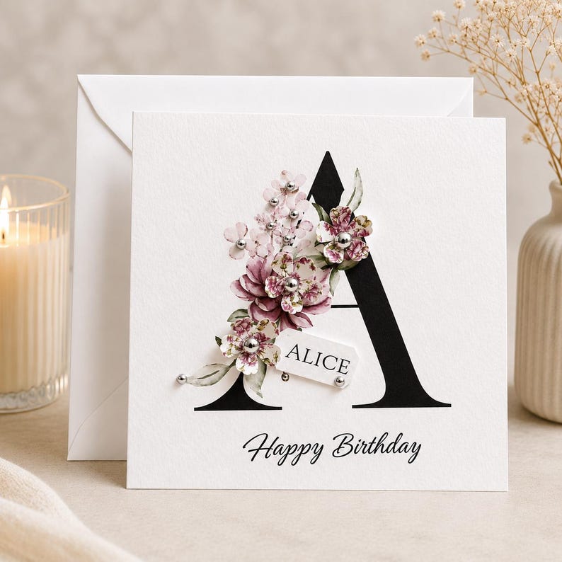 Puede incluir: Tarjeta de cumplea&ntilde;os cuadrada blanca con una gran letra "A" negra decorada con flores rosas y moradas. La tarjeta tiene el nombre "Alice" y las palabras "Happy Birthday" impresas. Un sobre y una vela encendida est&aacute;n en el fondo.