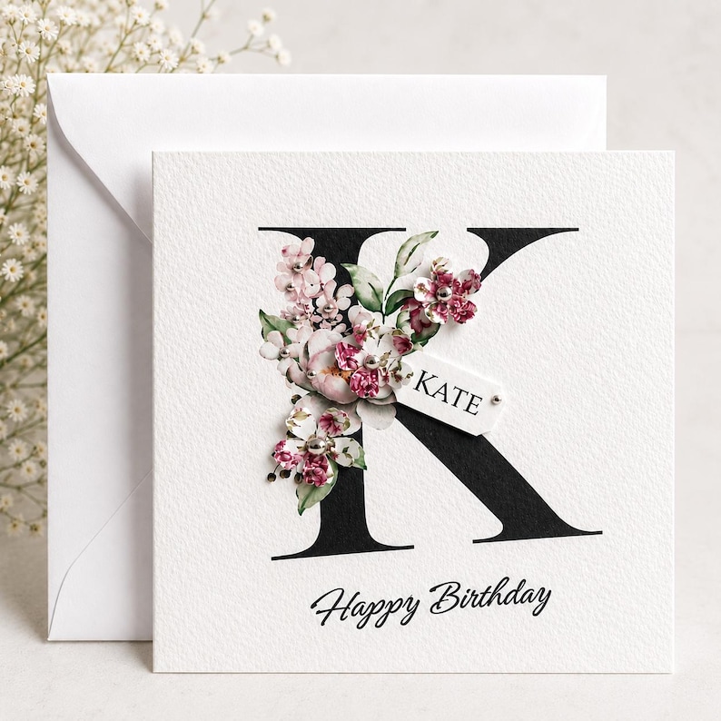 Puede incluir: Una tarjeta de cumplea&ntilde;os blanca con una gran letra negra "K" adornada con flores rosas y burdeos. El nombre "Kate" est&aacute; en una peque&ntilde;a etiqueta. Las palabras "Happy Birthday" est&aacute;n escritas en la parte inferior. Se ve un sobre.
