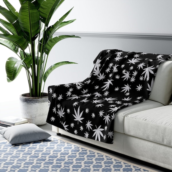Black and Silver Cannabis Leaf Sherpa Fleece Blanket