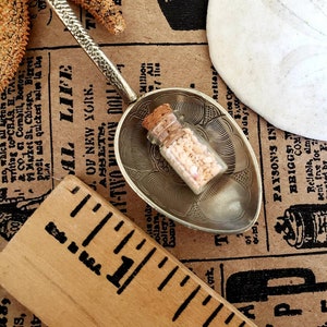 May include: A small glass bottle filled with tiny pink seashells sits in a silver spoon. The bottle has a cork stopper and is resting on a brown surface with printed text.