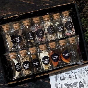May include: A collection of small glass jars with cork stoppers, each containing various natural items like bones, scales, and shells. The jars are labeled with black circular stickers. The set is presented in a black box, with a botanical theme.