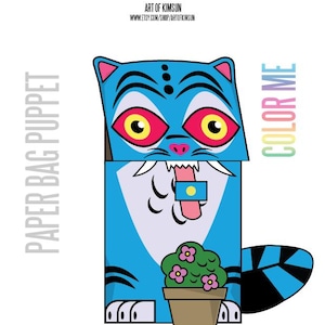 May include: A blue tiger paper bag puppet with the text "BLUE TIGER" and "COLOR ME". The puppet has a cartoon style with a flower pot and a tongue with a yellow circle. The Etsy shop URL is visible.