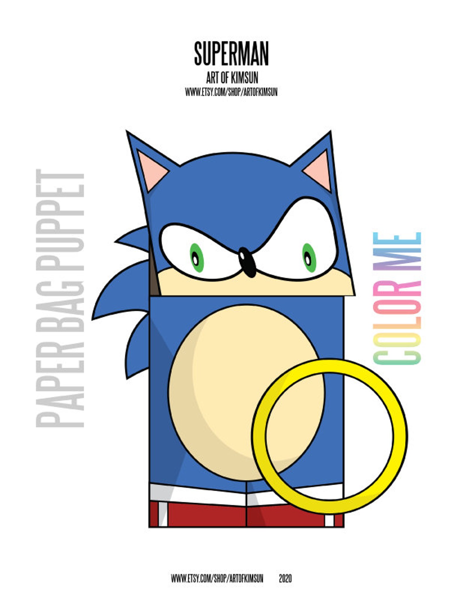 Printable Sonic the Hedgehog Paper Bag Puppet Cut Out B&W | Etsy Canada