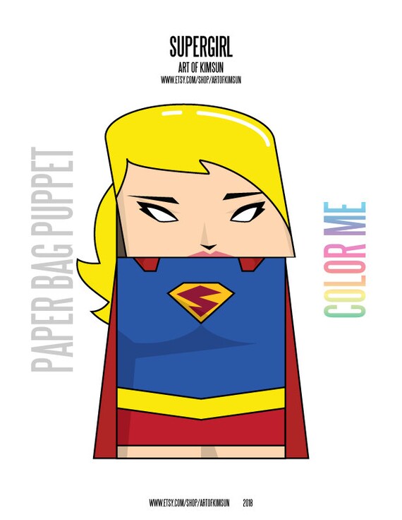 Printable Supergirl Paper Bag Puppet Cut Out B&W