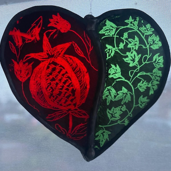 Stained Glass Handpainted Heart with Pomegranate and Ivy Design