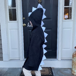 May include: A black hooded sweatshirt with a white dinosaur tail. The sweatshirt has a zipper and a hood. The child is wearing white and brown striped pants and colorful socks.