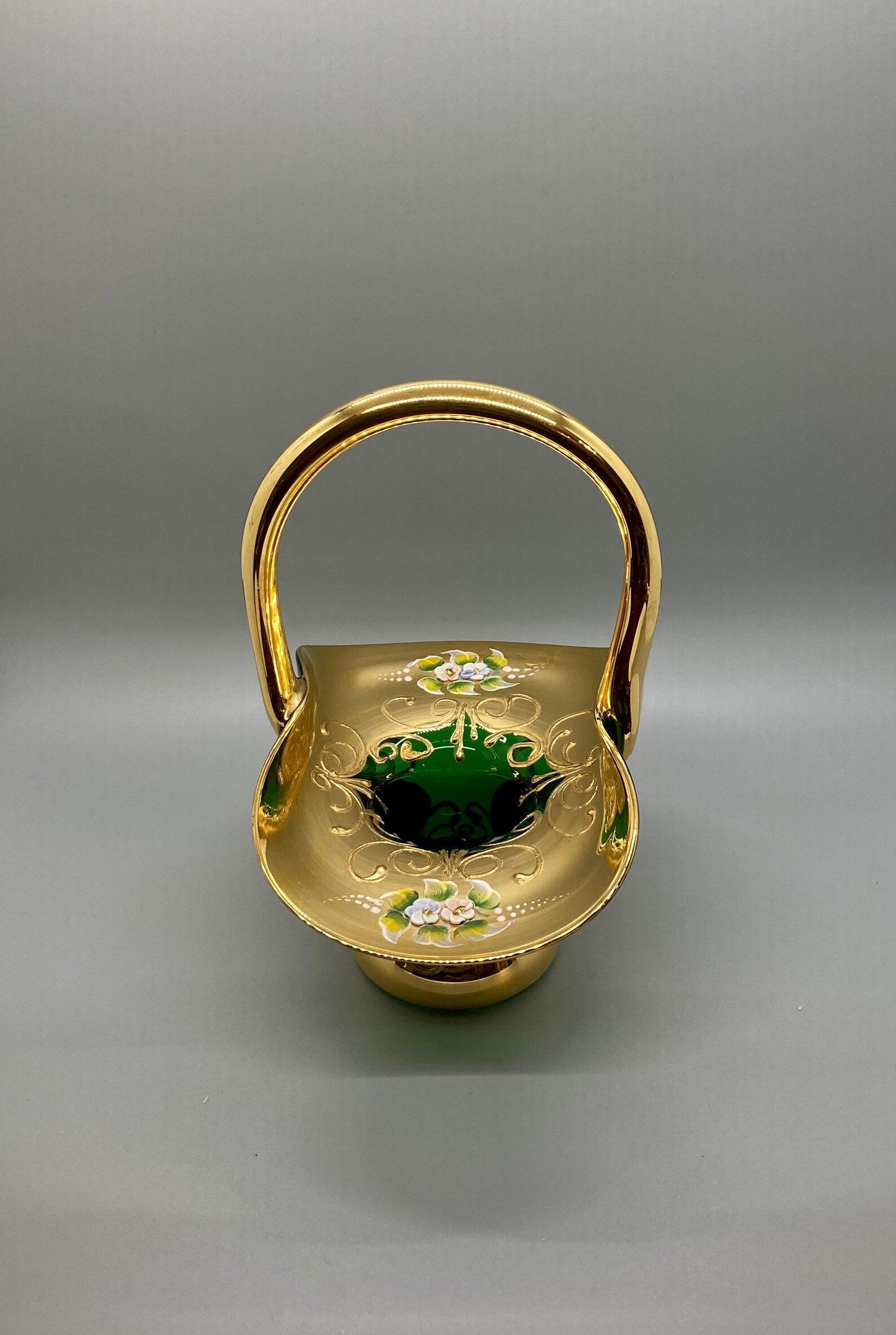 Vintage Murano Glass Basket Green w Enameled Flowers Etsy