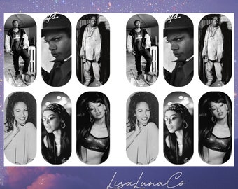 May include: A set of 10 black and white nail decals featuring images of popular 90s hip hop and R&B artists. The decals feature images of Biggie Smalls, Tupac Shakur, and Aaliyah.
