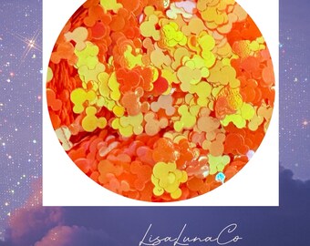 Fluorescent orange Mickey heads - solvent resistant glitter