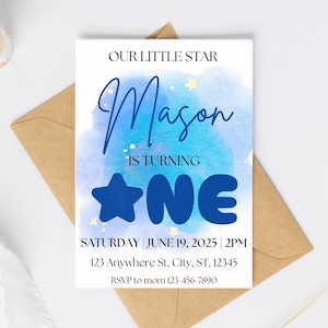 Bearbeitbare erste Geburtstagseinladung - unser kleiner Stern ist einer | Stern und Mond-Thema | Digital Party Invite Canva Vorlage | Himmlisch einladen