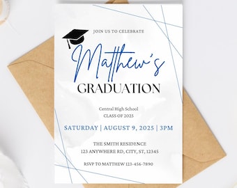 Minimalist Blue Graduation Invitation Template: Editable Canva File (Digital Download 5x7in