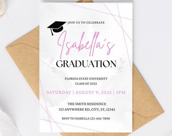 Minimalist Pink Graduation Invitation Template: Editable Canva File (Digital Download 5x7in