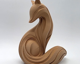 May include: A brown fox sculpture with a unique, layered design. The fox is in a seated position, with its tail curled around its body. The sculpture has a smooth, flowing appearance, and is likely made of wood or a similar material.