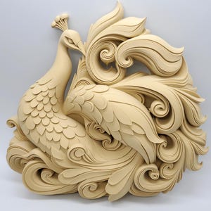 May include: A beige peacock sculpture with intricate details. The bird is depicted with its tail feathers fanned out, and the sculpture has a textured surface. The peacock is perched on a base of swirling, layered designs.