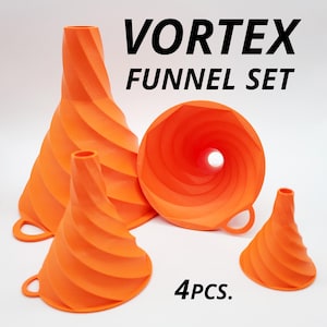 May include: An orange Vortex Funnel Set with a spiral design. The set includes four funnels of varying sizes, each with a handle. The text "VORTEX FUNNEL SET" and "4PCS." are displayed in black.