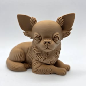 May include: A detailed, tan-colored Chihuahua figurine in a resting pose. The dog has large, upright ears, a detailed face, and a fluffy chest. The figurine is set against a plain white background.