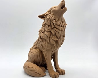 Wood Carved Style Howling Wolf Sculpture - 6", 9", 12" Tall - 16 Colors Available - 3D Printed to Order