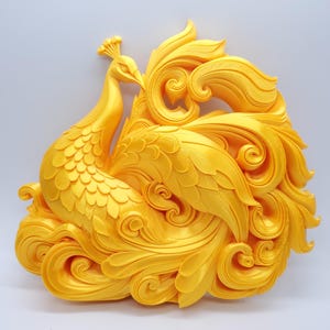 May include: A golden-yellow peacock sculpture with intricate details. The bird is depicted with its tail feathers fanned out, showcasing a detailed pattern. The sculpture has a textured surface and is set against a plain background.