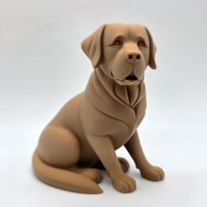 May include: A tan-colored Labrador Retriever figurine in a seated position. The dog has a detailed, textured appearance, with its ears, snout, and paws clearly defined. The figurine is made of a solid material and is set against a plain white background.