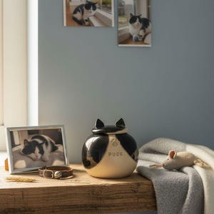 Black and white cat urn, tuxedo cat urn, spotted black white cat urn, black and white dog urn image 1