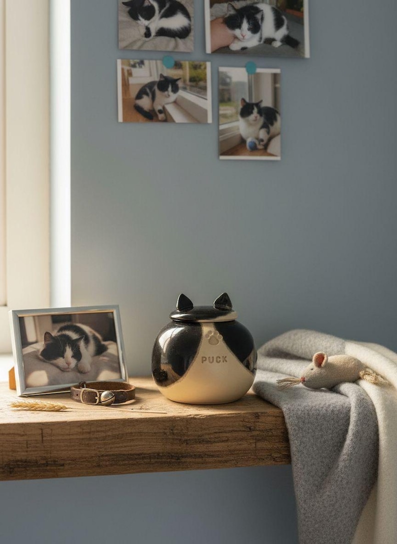 Black and white cat urn, tuxedo cat urn, spotted black white cat urn, black and white dog urn image 1