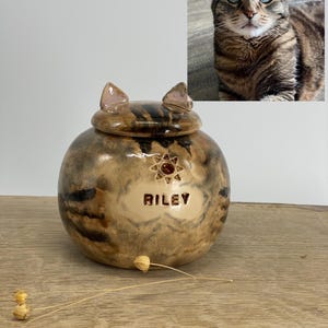 Op de afbeelding: Een keramische urn voor huisdieren met een kattenoorklep en de naam "Riley" gegraveerd. De urn heeft een bruin en tan gemarmerd patroon met een sterrenpatroon. Op de achtergrond een foto van een tabby kat.
