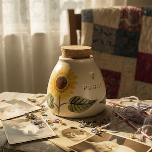 Urna per animali domestici dipinta a mano con girasole: bottiglia in ceramica per ceneri di animali