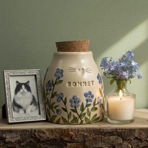 Forget me not cat urn, blue flower dog urn, small blue flowers