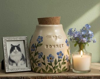 Forget me not cat urn, blue flower dog urn, small blue flowers