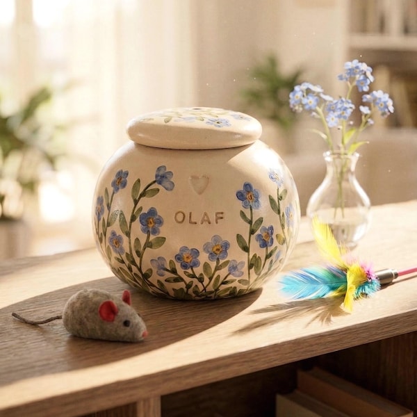 Forget me not  pet Urn, blue cat urn, blue small flowers, dog urn