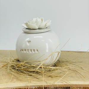 Puede incluir: Una urna de cerámica blanca con tapa en forma de flor. La urna tiene el nombre "JANESSA" inscrito, junto con un pequeño corazón. La urna está sobre una superficie de madera con hierba seca.