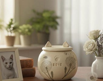 Dandelion Cat Urn, Ceramic Urn for Ashes, Creamation Urn, Pottery Urn for Pets, Cat Urn