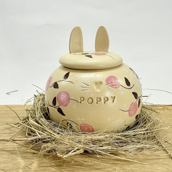 Bunny Urn, Rabbite Urn, Ceramic Urn for Ashes, Pottery Urn for Pets, Rose urn