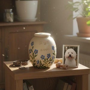 Forget-Me-Not Pet Urn: Hand-Painted Floral Ceramic Cat/Dog Memorial