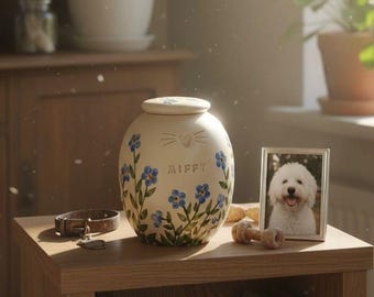 Forget-Me-Not Pet Urn: Hand-Painted Floral Ceramic Cat/Dog Memorial