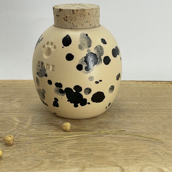 Dalmatian urn, spotted urn, pottery urn, spot urn black and white spots