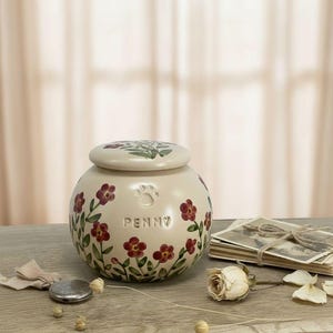 Floral Ceramic Pet Urn: Cherry Red Forget-Me-Not Design