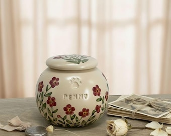 Floral Ceramic Pet Urn: Cherry Red Forget-Me-Not Design