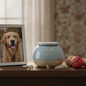 Peut inclure: Une photo encadrée d'un chien Golden Retriever à côté d'une urne pour animaux de compagnie bleu clair avec le mot "MYLEE" et un motif de cœur. Une balle rouge et bleue et deux jouets en peluche beiges sont également sur la table.