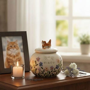 May include: A ceramic pet urn with a cat figurine on the lid, decorated with floral patterns and the word "NIAOU". A framed photo of a cat and a lit candle are nearby.