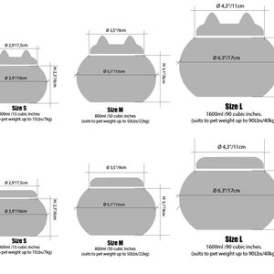 May include: Diagram showing three sizes of cat bowls with measurements in inches. The bowls are gray and shaped like a cat's head. Size S is 300ml/15 cubic inches, Size M is 800ml/50 cubic inches, and Size L is 1600ml/90 cubic inches.