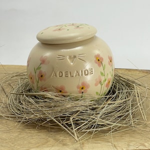 Op de afbeelding: Een kleine, cr&egrave;mekleurige keramische pot met een deksel, versierd met roze bloemen en groene stelen. De pot heeft een kattengezicht met een hartvormige neus en de naam "Adelaide" erop geschreven.