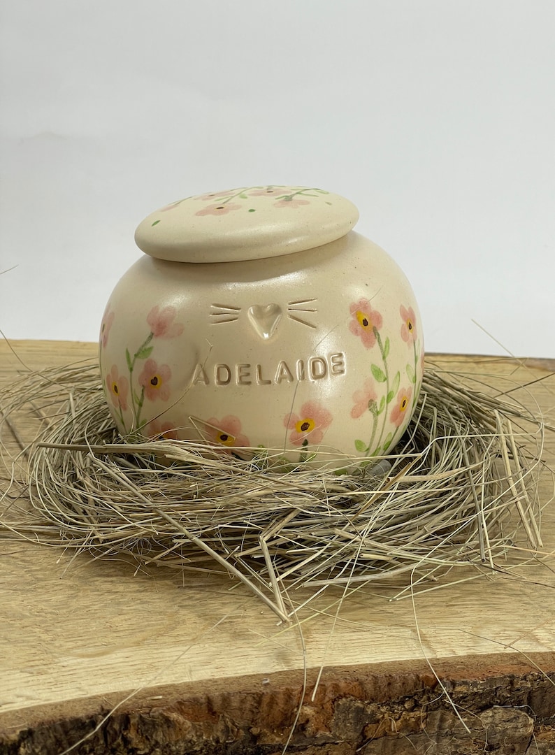 Op de afbeelding: Een kleine, cr&egrave;mekleurige keramische pot met een deksel, versierd met roze bloemen en groene stelen. De pot heeft een kattengezicht met een hartvormige neus en de naam "Adelaide" erop geschreven.
