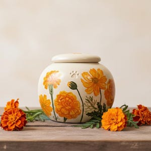 May include: Cream-coloured pet urn with a lid, decorated with orange and yellow floral designs. A paw print is visible on the urn. Orange marigold flowers and greenery are arranged around the urn on a wooden surface.