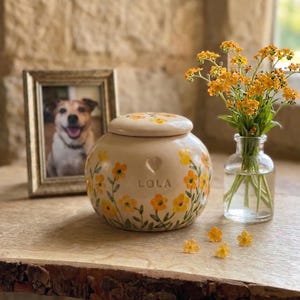 Orange yellow forget me not flowers urn, orange cat urn,
