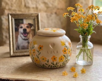 Orange yellow forget me not flowers urn, orange cat urn,