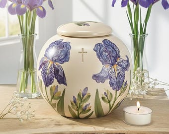 Gepersonaliseerde keramische gedenkurn met irissen | Handgeschilderd Iris Sympathy-cadeau | "Regenboogbrug"